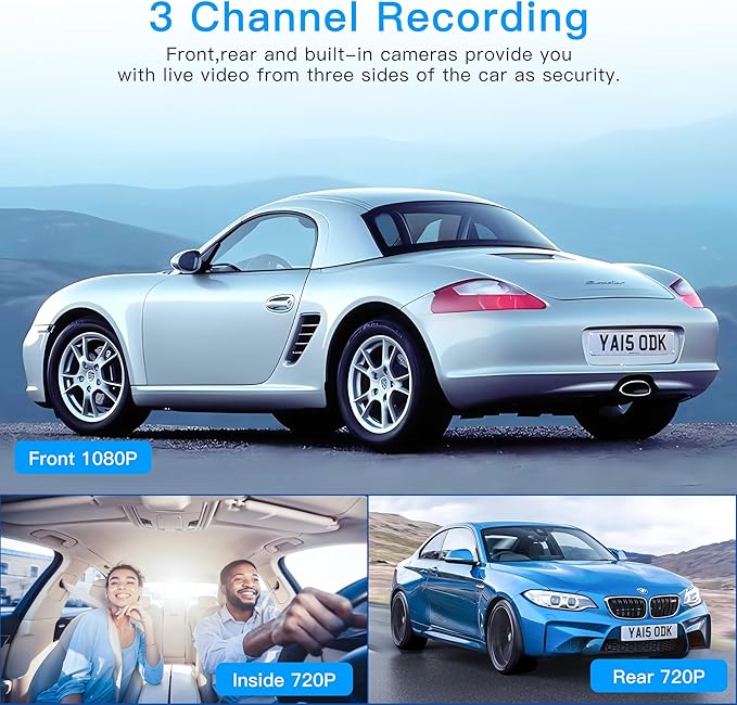 3 Channel Dash Cam WiFi FHD 1080P Car Camera, TOPGOOSE Front Dash Camera for Cars with 64GB Card, Mini Dashcams for Cars with Night Vision, 24 Hours Parking Mode, WDR, Loop Recording, G-Sensor, APP