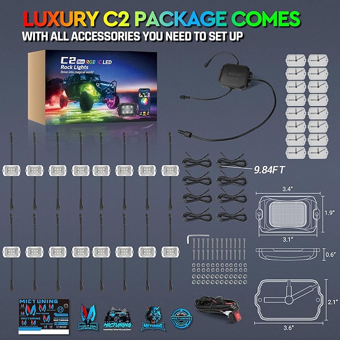 MICTUNING C2 MAX RGB+IC Rock Light with White Housing - 16 Pods Chasing Color Underglow Lights Kit, Dynamic Lighting Modes, APP Control, IP68 Waterproof, DIY Effect, Up to 24pods Extensible