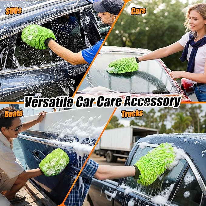 Car Wash Mitt Microfiber, Premium Chenille Microfiber Wash Car Mitts Sponge Scratch Free & Lint-Free, Mitts Waterproof Lining 4 Pack Green (8''X12'')