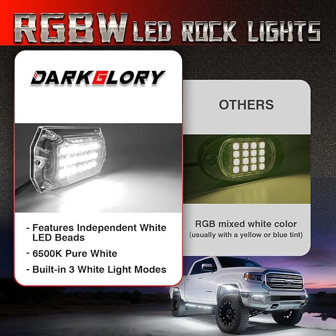 6 Pods Full Angle RGBW LED Rock Lights for Jeep ATV UTV RZR SXS Truck Offroad,Waterproof Multicolor Neon Underglow Kit with APP/RF Remote, 12V Pure White Underbody Lights