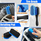 Wheel Brush Kit, Soft Drill Wheel Cleaner Brush, Tire Brush, Detailing Brush, and Detailing Pads, No Scratches Car Wheel Cleaning Kit for Wheels, Tire, Rims, Engines, Exhaust(Blue + White 9 Pk)