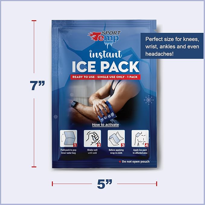 Sport Temp Instant Ice Cold Packs (7”x 5”) Disposable Ice Packs for Pain Relief, Swelling, Injuries, Toothaches, and Sprains – Cold Therapy for Athletes, First Aid, Travel & Outdoor Use (100 Pack)