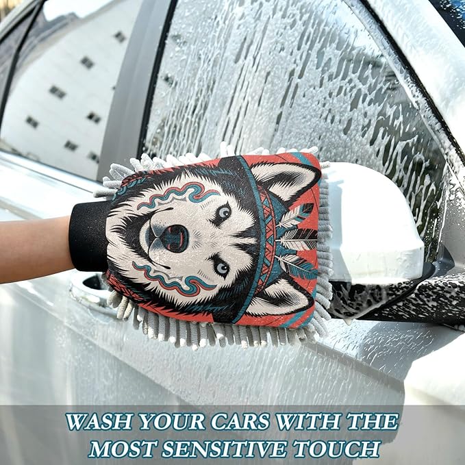 Tribal Style Husky Dog Car Wash Mitts Scratch Free Wash Mitt For Cars Car Cleaning Wash