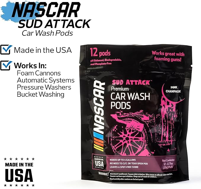 NASCAR - SUD Attack Car Wash Pods - Foaming Car Wash Soap (Works with Foam Cannons, Foam Guns or Bucket Washes) Safe for Cars, Trucks, Motorcycles, RVs & More (Makes 48 Gallons)