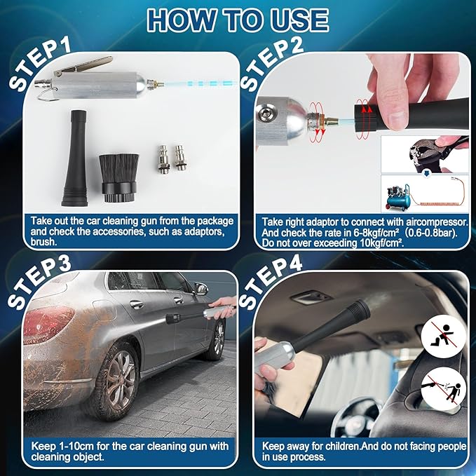 PARAROSE Car Detailing Cleaning Gun,Car Detailing Kit Interior Cleaner,High Pressure Blower Gun,Car Detailing Tools for Car Quickly Blasts Dirt and Dust Works with Air (Silver)