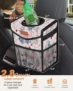 Pritent Car Trash Can with Lid, Cute Leakproof Car Trash Garbage Bag Hanging Vehicle Trash Bin Small Portable Automotive Garbage Cans Organizer for Back/Front Seat/Console(2.8 gal,Flamingo Print