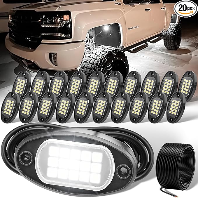 YONEDA 20 Pods White Rock Lights 6000K Pure White LED Underglow Lights IP68 Waterproof for Trucks SUV UTV ATV RZR Car Boats Motorcycle with 39.37ft Extension Wire