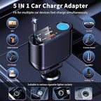OHLPRO Retractable Car Charger Cigarette Lighter Adapter, 168W 5 in 1 Fast Phone Charging Built-in Replaceable Fuse, Socket Splitter with USB C and USB C Cord, Fit for Phone iPad Galaxy GPS, Grey