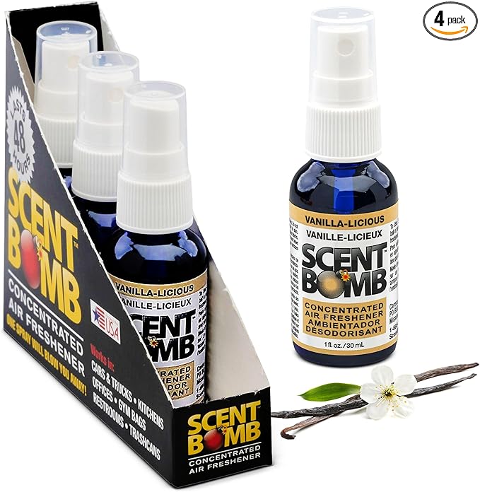 Scent Bomb Air Freshener Spray, Long-Lasting Odor Eliminator - Effective Deodorizer for Home & Car, Fresh Room Spray for Kitchen, Bathroom & Smell Neutralizer - 1 oz Pack of 4, Vanilla-liscious Scent