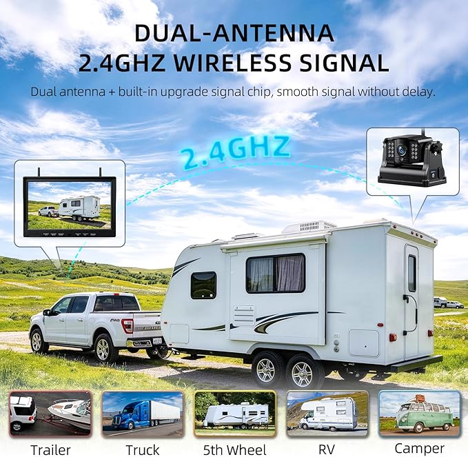 eRapta Magnetic Wireless Backup Camera Kit with HD1080P 10” DVR Monitor, Dual RV/Trailer/Truck/Tractor Cameras Wireless System, No Wiring, 9600mAh Rechargeable Battery, IR Night Vision-ACT1002