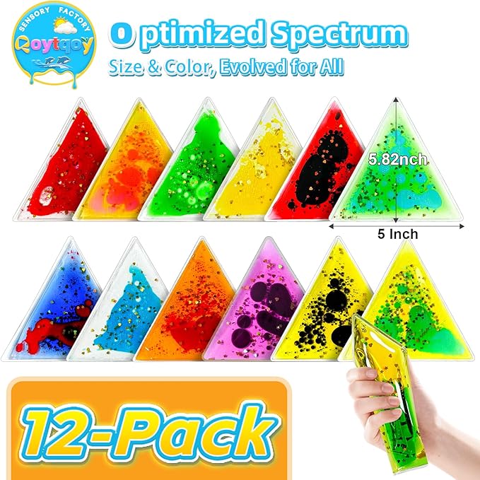 Squishy Liquid Sensory Gel Tiles 12 Packs - Triangle Liquid Sensory Toys for Sensory Play & Portable Fun, Washable Sensory Floor Tiles for Toddles 3+ Learning, Calming, Fidgeting