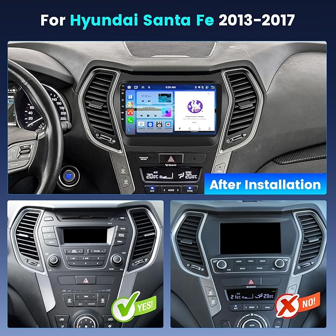 Fuluku【8 Core 4+64GB】 for 2013-2017 Hyundai Santa Fe Android 15 Car Stereo with Wireless Carplay Android Auto, 9'' Touch Screen Radio Dash Kit GPS/WiFi/32EQ DSP/Bluetooth 5.0/SWC/Mic, Backup Cam