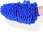 Chenille Microfiber Wash Mitt - Blue Thick and Absorbent Scratch Free Car Wash Mitt - Complete with Wheel Brush