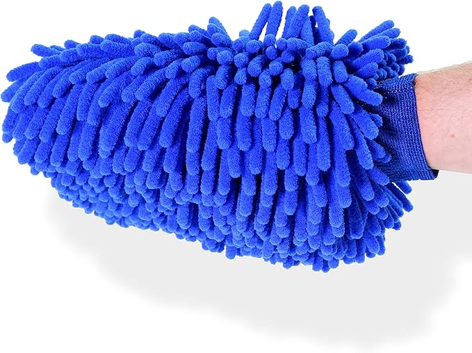 Chenille Microfiber Wash Mitt - Blue Thick and Absorbent Scratch Free Car Wash Mitt - Complete with Wheel Brush