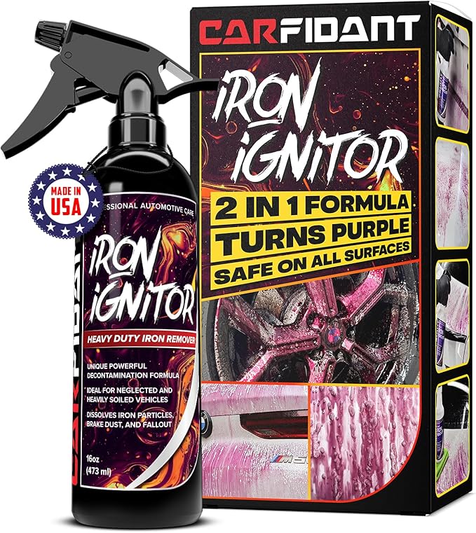 Carfidant Iron Ignitor - Iron Remover & Wheel Cleaner - Color-Changing Purple Decon Spray for Brake Dust, Rust, Fallout - Safe on Paint, Rims & Metal - Car Detailing - pH Neutral - 16oz