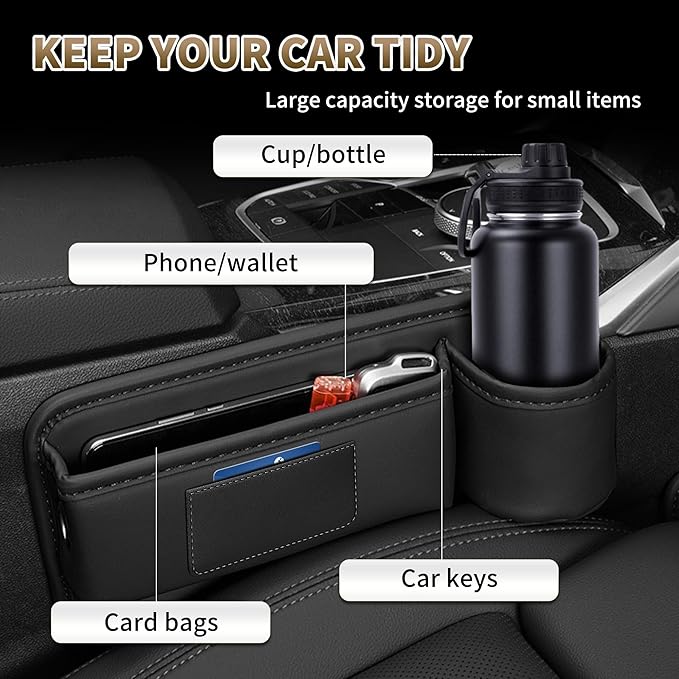 Kwak's Car Seat Gap Filler Organizer (2PC) – Fits 0.2"-1.2" Gap Premium Leather Car Console Organizer for Phone/Keys – Universal Front Seat Organizer for Car SUV Truck (Black)