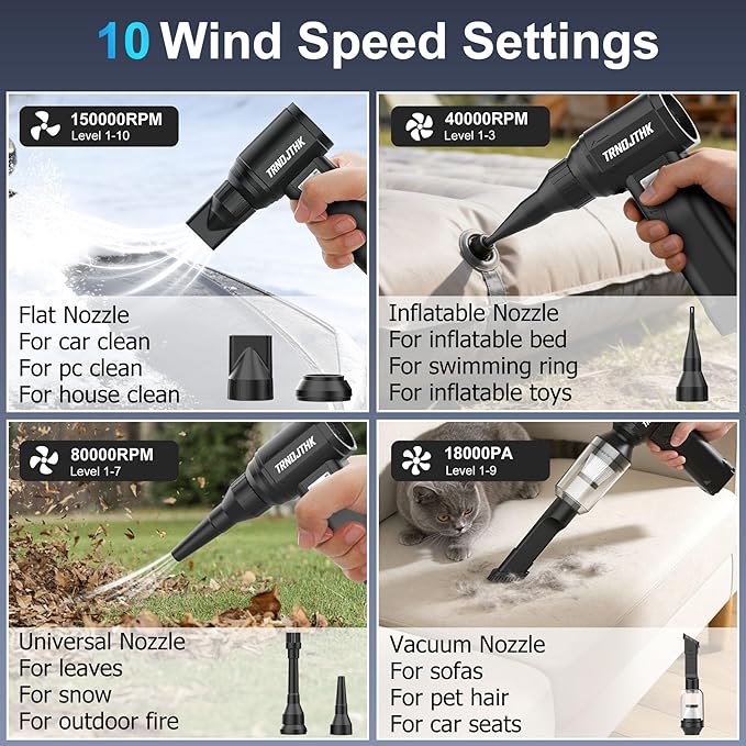 Electric Air Duster 150000RPM Super Power Handheld Cordless Mini Blower Vacuums Rechargeable Brushless Motor 10Gear Adjustable Portable Dust Blower for Pc Computer Keyboard Outdoor House Car Cleaning