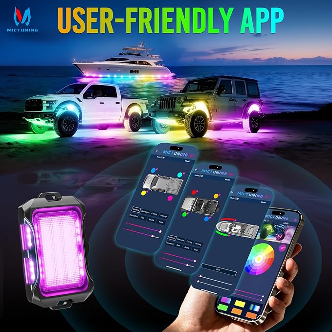 MICTUNING Q2+ MAX RGB+IC Rock Lights - 12 Pods Multi-Color DIY Effect Underglow Neon Kit, Individual Group Control, APP Music Sync, IP68 Waterproof