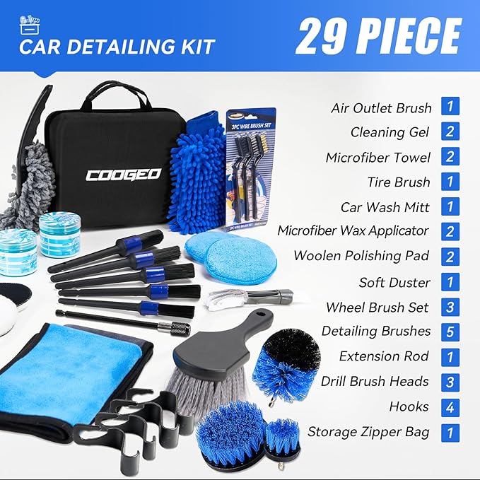 COOGEO 29Pcs Car Detailing Kit,Compelete Car Cleaning Kits Interior Cleaner with Detailing Brushes,Drill Brush Heads,Car Wash Kit with Cleaning Gel,Wash Mitt,Car Hooks,Car Care Gift for Men