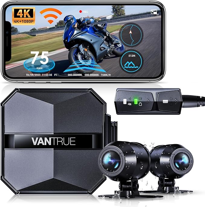 Vantrue F1 Motorcycle 4K Dash Cam Front and Rear, 4K + 1080P Motorcycle Camera, Full Body IP67 Waterproof, GPS Wi-Fi, 160° Wide Angle, Wired Remote, Night Vision, G-Sensor (Renewed)