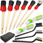 TAKAVU Complete Car Detailing Kit (12pc) - Detail Brushes, Wire Brushes, Vent Duster & Microfiber Towel for Wheels, Interior, Exterior, Engine Bay & Motorcycle Cleaning