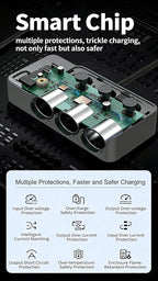 8-in-1 Car Cigarette Lighter Splitter, QC3.0 3 USB Ports & 2 Type-C PD 35W Fast & Safe Charging,3 Sockets with Independent/ Master Switches, Real-Time Voltage Display, Smart Trickle Charging, 12-24V