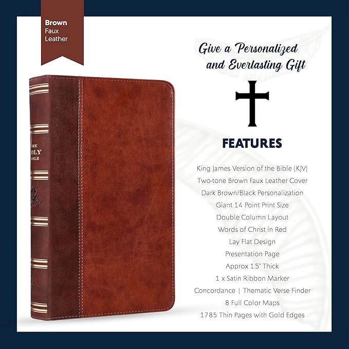 Personalized KJV Holy Bible Faux Leather King James Version Premium Holy Bible | Giant Print | Words of Christ in Red | Custom Engraved with Name | Gift for Christian & Religious Celebrations | Brown