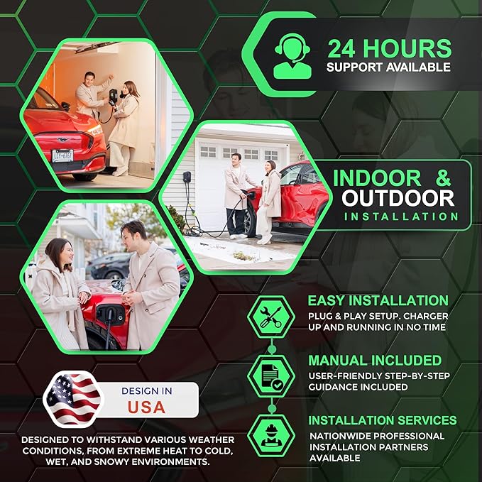MACH 1: Fast 48 Amp Level 2 EV Charger, Wall-Mount Electric Vehicle Charging Station, 200-240V Hardwire or NEMA 14-50. J1772 car Connector & Tesla NACS, Indoor/Outdoor, 30ft Cable evse Adapter