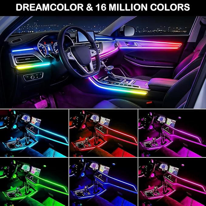 Acrylic Interior Car LED Strip Light with APP Remote Control, 116in 4 in 1 USB RGB Dreamcolor Neon Flexible Strip Fiber Optic LED Ambient Lighting Kits,RGB Music Lights Sync for Inside car Decorations