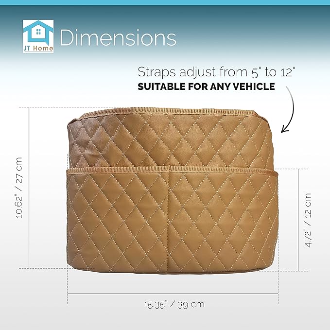 Car Net Pocket Handbag Holder Between Seats, Luxury Quilted PU Leather Purse Car Organizer With 2 Extra Pockets For Storage, Sable Brown