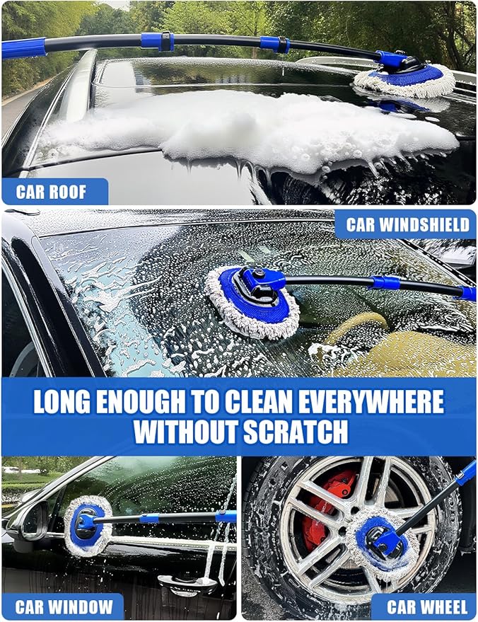 15°Curved Car Wash Brush with Long Handle Kit, 55-Inch 4-Section Extendable Pole with Replacement Head, Chenille Mitt, Tire & Wheel Hub Brushes, Towel, Storage Bag for Car, RV, Truck [Scratch Free]