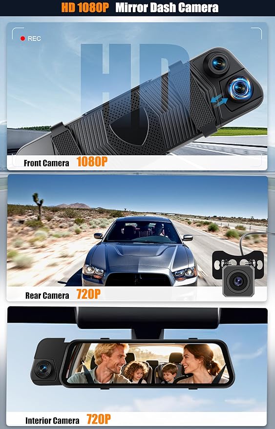 CAMECHO 3 Channel Mirror Dash Cam, 9.66" WiFi Triple Rear View Mirror with Front 1080P, Inside and Rear Cameras with G-Sensor, Night Vision, Loop Recording, Reverse Assist, APP Control, 64GB TF Card