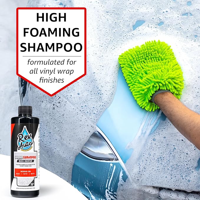 Rev Auto Vinyl Wrap Cleaner Kit – 3-Item Set Includes Wrap Detailer, Shampoo & Light Stain Remover | Made for Gloss, Satin, Matte, Chrome & More
