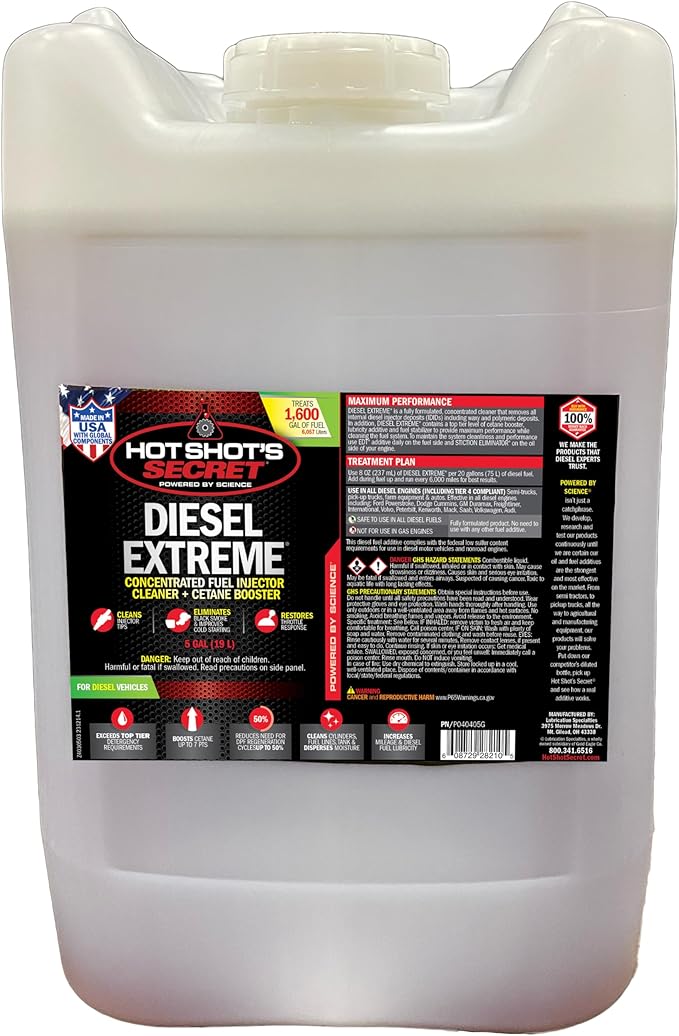 Hot Shot’s Secret Diesel Extreme 5 Gallon – Treats 1600 Gallons – Concentrated Diesel Fuel Additive, Fuel System Cleaner and Injector Cleaner, Restores Engine Performance