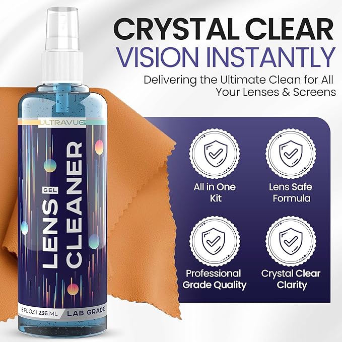 Eyeglass Gel Lens Cleaner Spray Kit - 3 x 8oz Gel Lens Cleaner Spray Bottle + 2 Microfiber Cloth for Cleaning - Safe for All Lenses (AR Coated Included), Eyeglasses and Screens