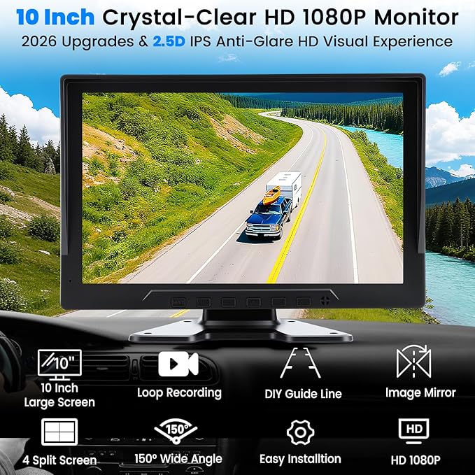 4-Wired Backup Camera System, 10" HD 1080P DVR Quad Split IPS Monitor with 4 Side & Rear View Cameras, Vibration-Proof IP69K Waterproof Night Vision for Truck/RV/Tractor/Bus/Trailer/Heavy Equipment