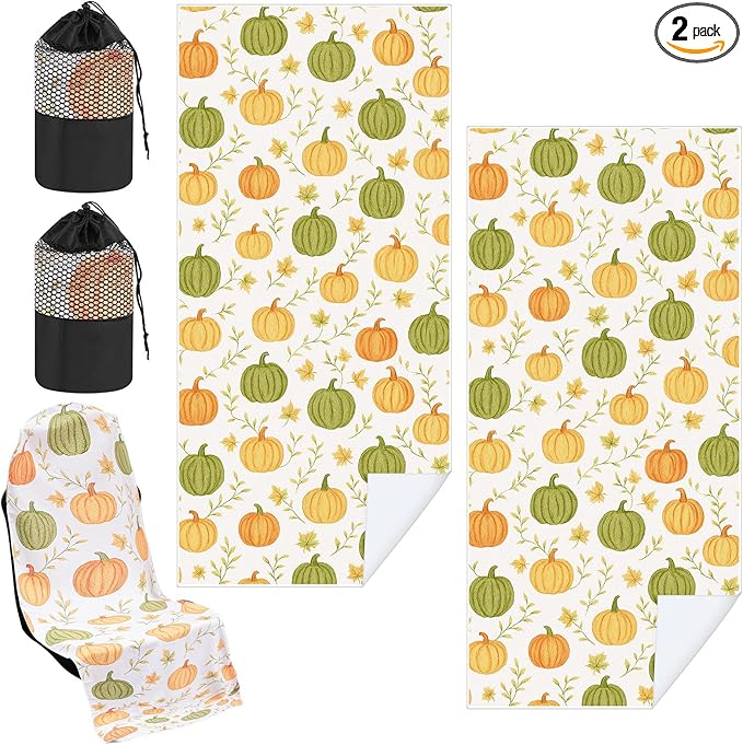 Hahafelt 2 Pack Car Seat Towel Covers with Storage Bag, 63 x 32 Inch Universal Non Slip Waterproof Sweat Protector for Car Truck, Gym Swimming Running, Machine Washable (Yellow Pumpkin,Green Pumpkin)