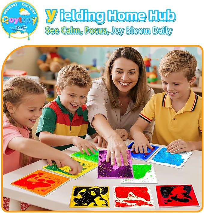 Squishy Liquid Sensory Gel Tiles 12 Packs - Square Sensory Fidget Toys for Stress Relief, Sensory Play & Portable Fun, Washable Sensory Floor Tiles for Kids in Home, Classroom, Travel