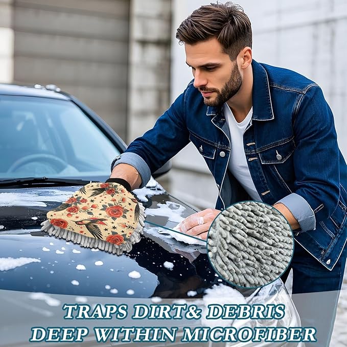 Kigai Bird Rose Car Wash Mitt 2PCS Ultra Absorbent Chenille Microfiber Car Washing Glove Scratch Free Lint Free Wash Sponge Auto Cleaning Glove, 11.8x8.1 inch