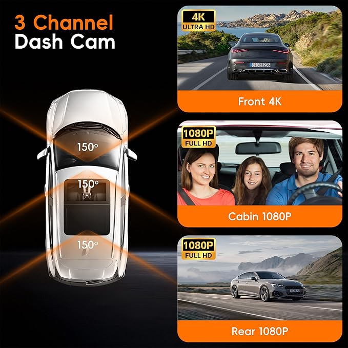 4K 3 Channel Dash Cam Front and Rear with Cabin, 4K+1080P+1080P Dash Camera for Cars, Free 128GB Card Included, Dash Cam with Night Vision, WiFi, GPS, APP Control, Parking Monitor, Loop Recording