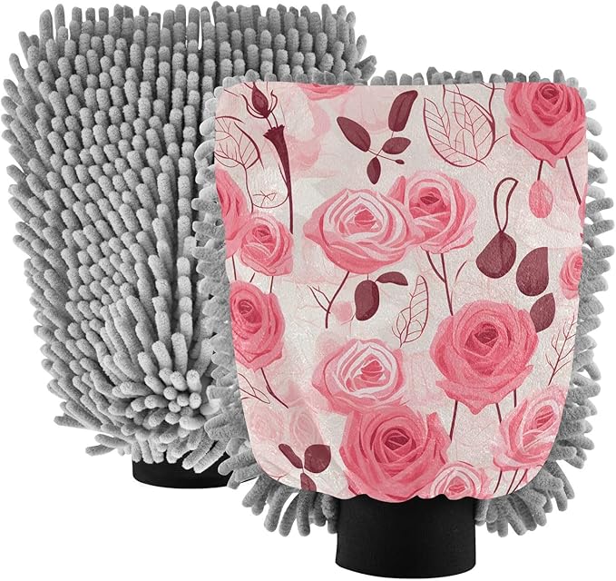 Kigai Roses Car Wash Mitt 2PCS Ultra Absorbent Chenille Microfiber Car Washing Glove Scratch Free Lint Free Wash Sponge Auto Cleaning Glove, 10.2x7.1 inch
