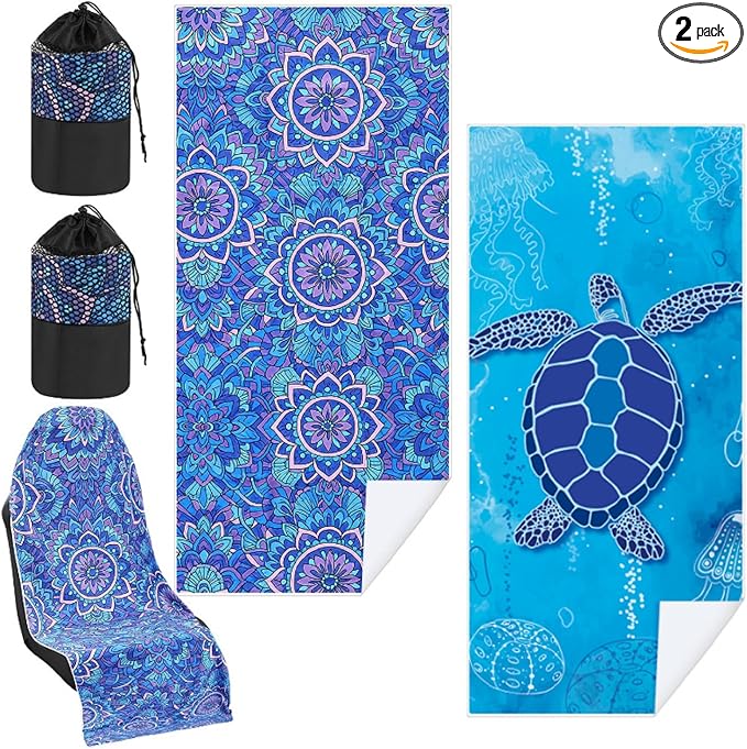 Hahafelt 2 Pack Car Seat Towel Covers with Storage Bag, 63 x 32 Inch Universal Non Slip Waterproof Sweat Protector for Car Truck, Gym Swimming Running, Machine Washable (Sea Turtles,Mandala)