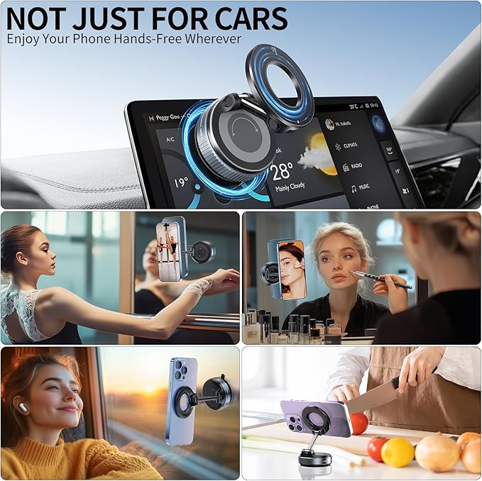 ILKCC Vacuum Suction Magnetic Phone Holder, 2025 Upgraded Vacuum Suction Cup Mount for Magsafe, 360° Adjustable Foldable Portable Magnetic Car Phone Stand for Cars/Gyms/Mirrors/Smooth Surface (Black)