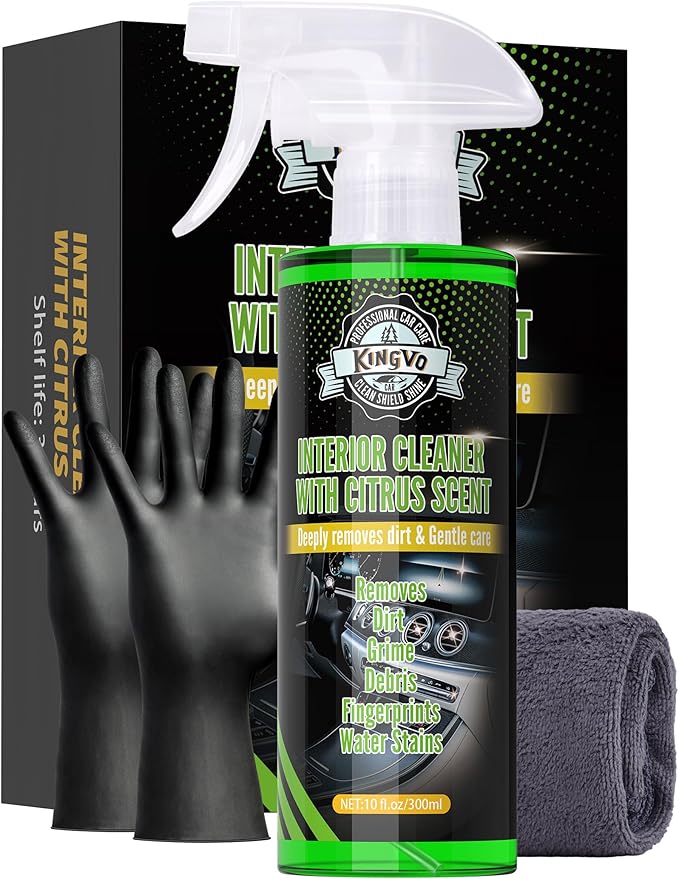Kingvo Car Interior Cleaner Spray, Multipurpose Leather Seat Cleaner Upholstery Car Cleaning Kit with Citrus Flavor Auto Dashboard Vinyl Detailing Supplies Kit,10 OZ