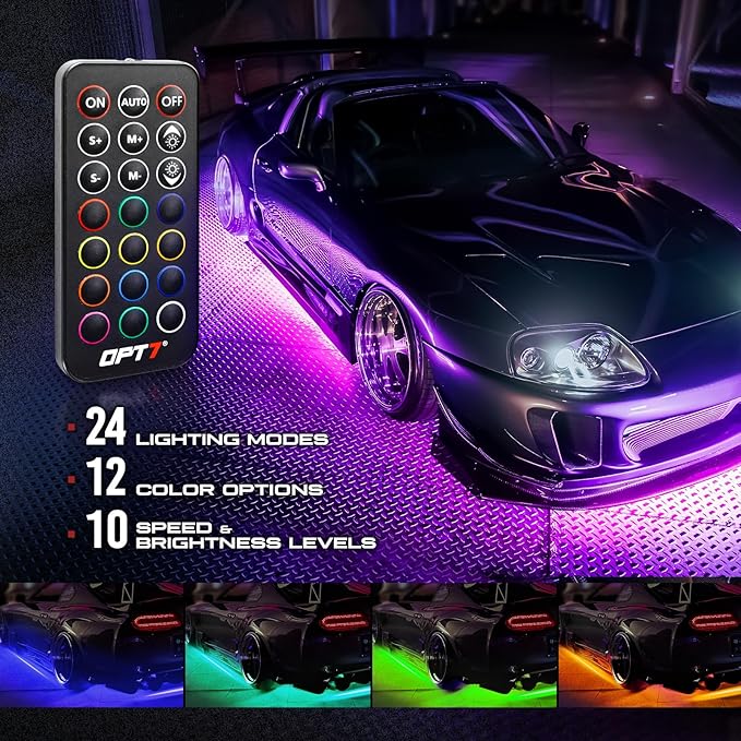 OPT7 Aura Aluminum Car Underglow Lights with Remote Control, Exterior Neon Accent Under Glow Kit for Cars, Waterproof Rigid Light Bars, 12V RGB Multicolor LED Strip