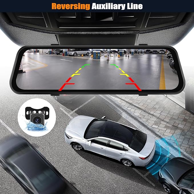 CAMECHO 3 Channel Mirror Dash Cam, 9.66" WiFi Triple Rear View Mirror with Front 1080P, Inside and Rear Cameras with G-Sensor, Night Vision, Loop Recording, Reverse Assist, APP Control, 64GB TF Card