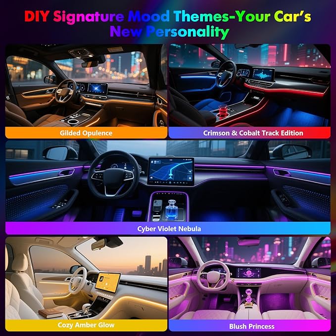 Dreamcolor Acrylic Interior Car Lights 6 in 1 RGB LED Strip Lights with APP Control 252 Color Modes DIY Fiber Optic Ambient Lighting Kits Music Car Neon Light Kits New Version