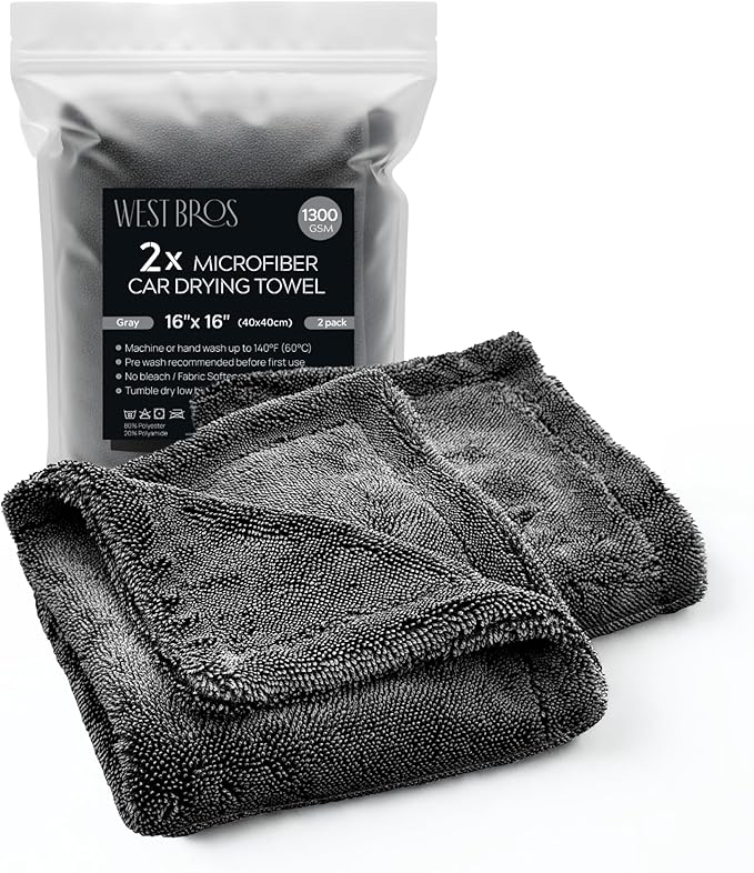 2X Medium Car Drying Towel, 1300 GSM Professional Car Towel with Double Twisted Loop,Super Absorbent Large Microfiber Drying Towels for Cars, Trucks, SUVs - 16"x16" 2-Pack, Gray