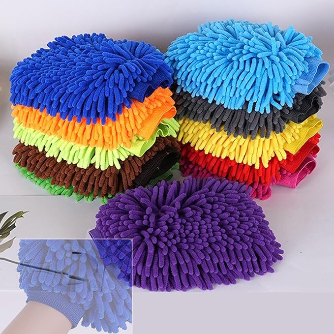 Car Wash Mitt Chenille Microfiber Super Absorbent, Premium Car Washing Gloves for Cleaning Cars, Trucks, Motorcycles (Black)