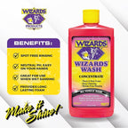 Wizards Car Wash - Super Concentrated Car Wash Soap - No Salt Biodegradable Car Wash Soap With Thick Foam - Exterior Care Products For Marine Use - Foam Cannon Soap For Car Washing Supplies - 16 oz